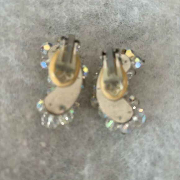 Vintage Silver Tone Crystal Crescent Clip On Earrings - Picture 3 of 4